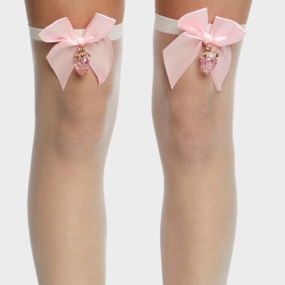 NWT White and pink Bow Strawberry Bow Thigh High Stockings